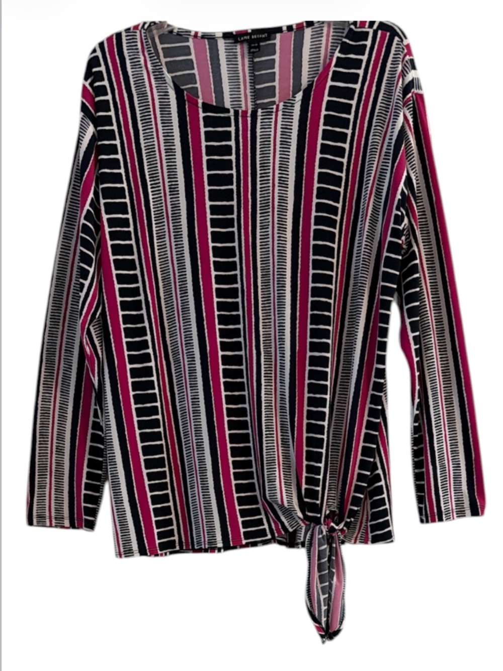 Lane Bryant Black Pink White Vertical Stripe Geometric Tie Hem Top Size 14/16